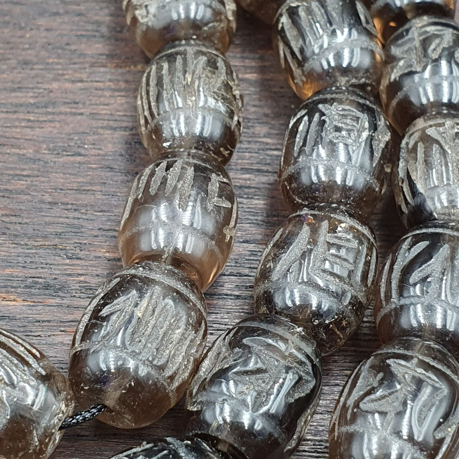 TIBETAN ANTIQUE OLD Carving Smokey Quartz 108 PRAYER BEADS MALA ROSARY NECKLACE