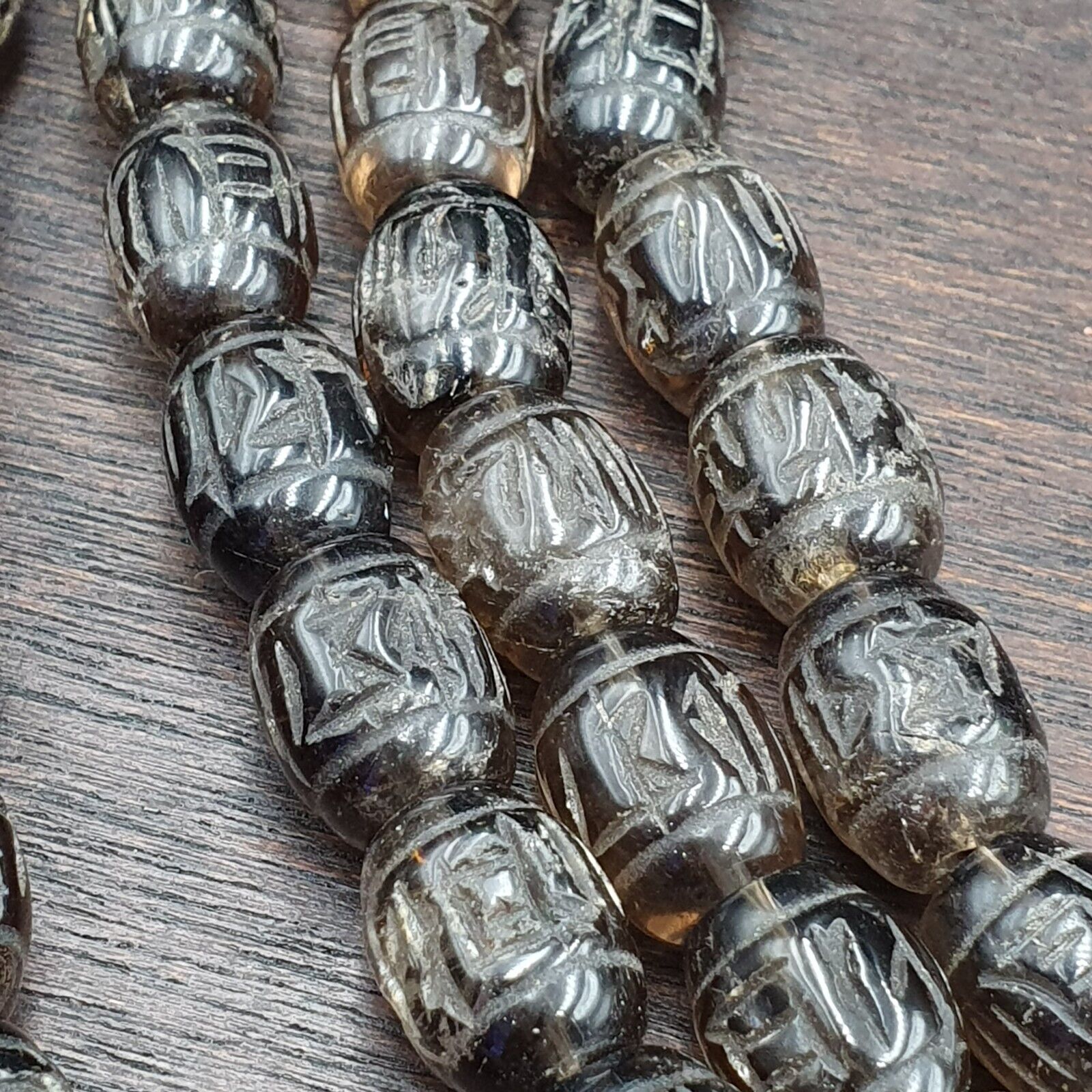 TIBETAN ANTIQUE OLD Carving Smokey Quartz 108 PRAYER BEADS MALA ROSARY NECKLACE