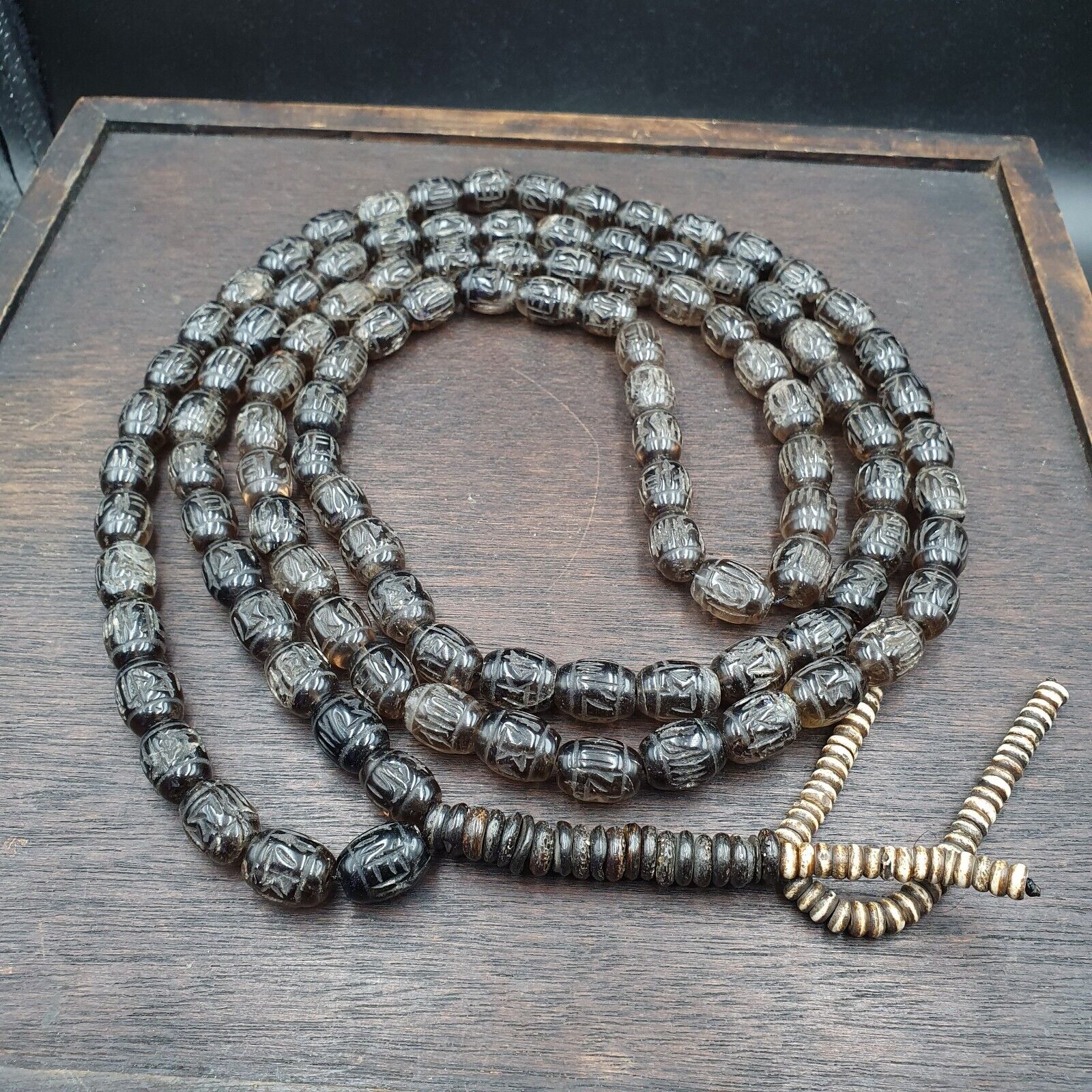 TIBETAN ANTIQUE OLD Carving Smokey Quartz 108 PRAYER BEADS MALA ROSARY NECKLACE