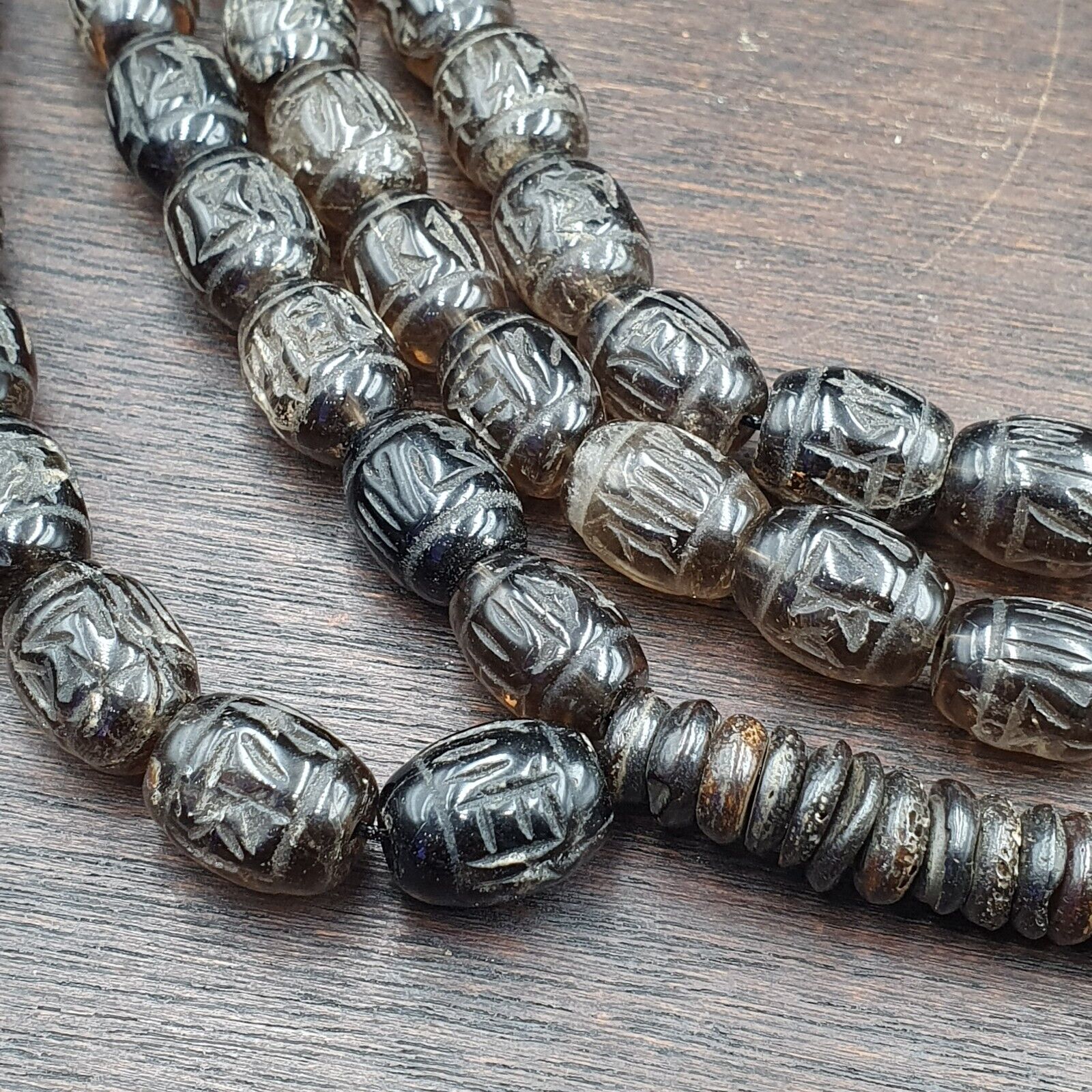 TIBETAN ANTIQUE OLD Carving Smokey Quartz 108 PRAYER BEADS MALA ROSARY NECKLACE