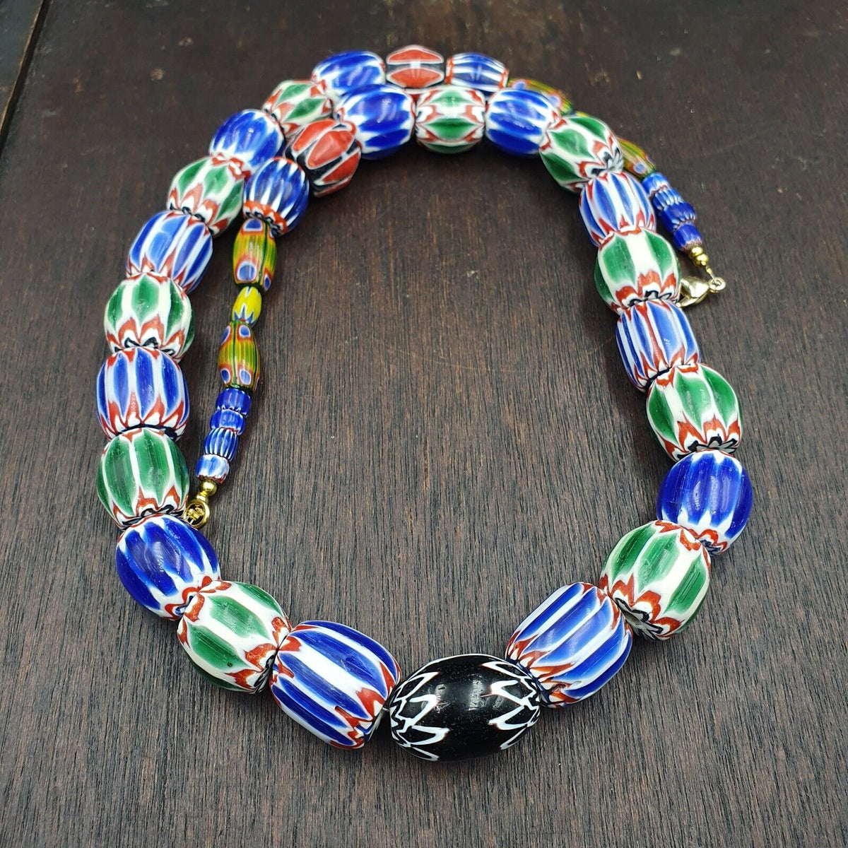 Very Unique Vintage Venetian Style Old Blue Chevron Glass Beads Long Strand