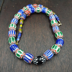 Very Unique Vintage Venetian Style Old Blue Chevron Glass Beads Long Strand