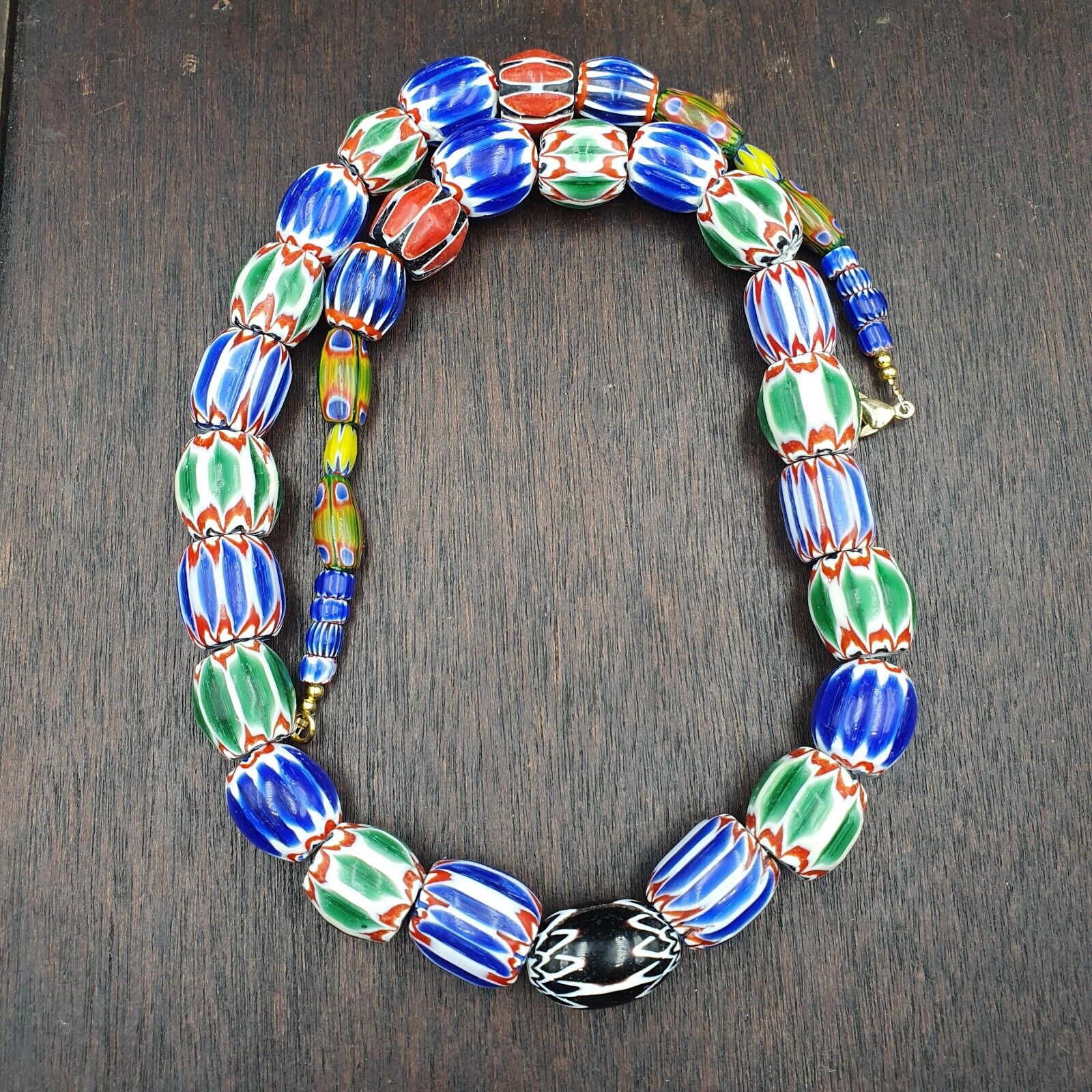 Very Unique Vintage Venetian Style Old Blue Chevron Glass Beads Long Strand