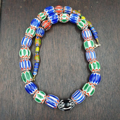 Very Unique Vintage Venetian Style Old Blue Chevron Glass Beads Long Strand