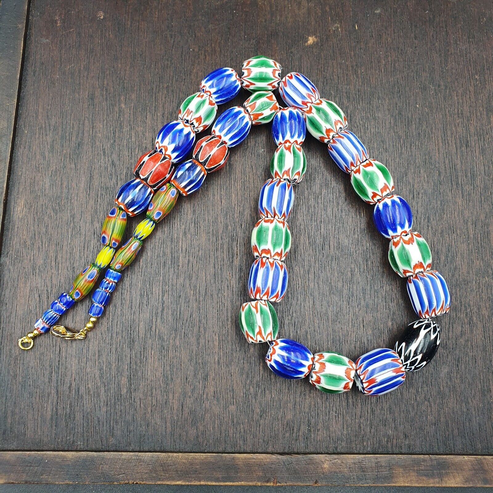 Very Unique Vintage Venetian Style Old Blue Chevron Glass Beads Long Strand