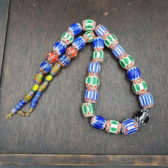 Very Unique Vintage Venetian Style Old Blue Chevron Glass Beads Long Strand