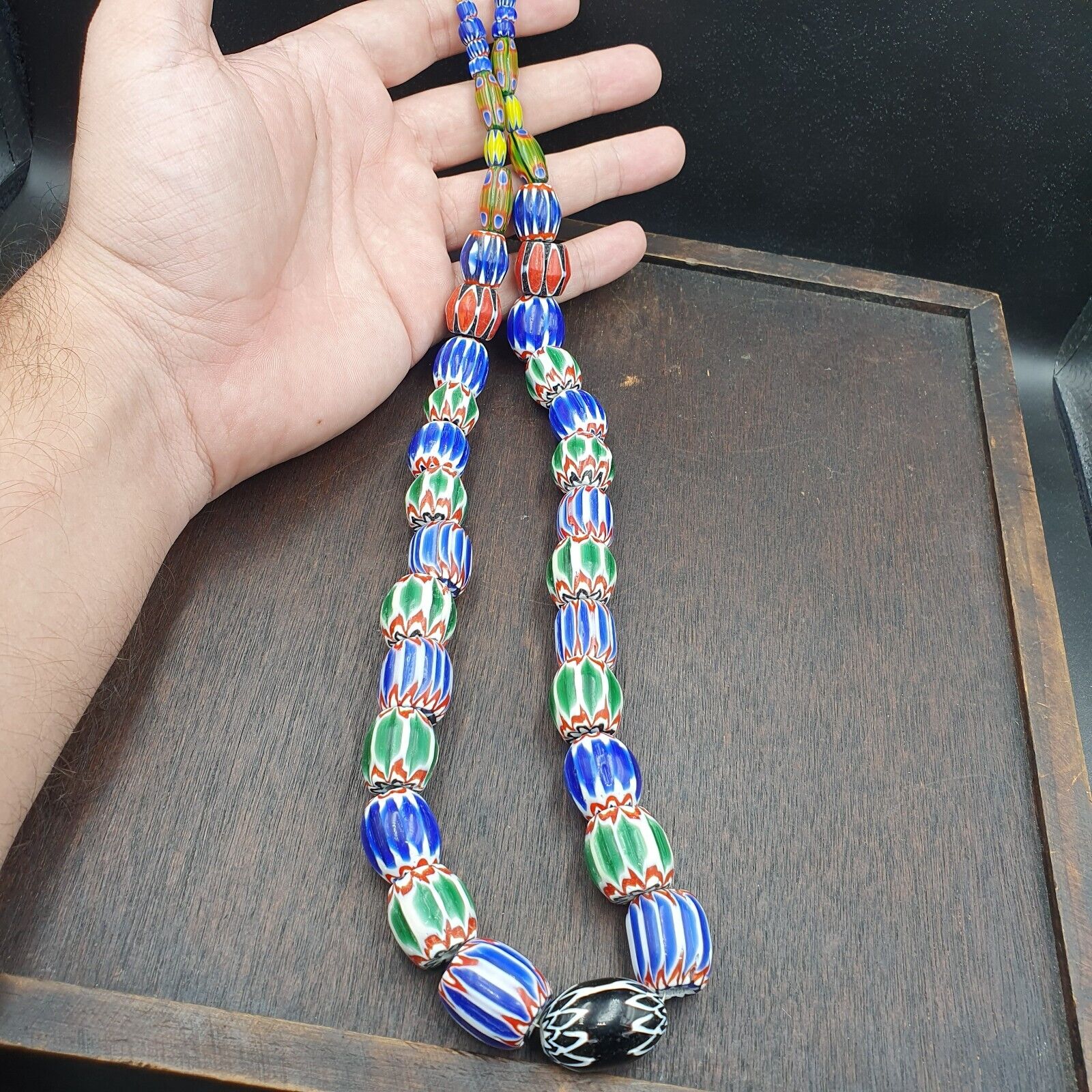 Very Unique Vintage Venetian Style Old Blue Chevron Glass Beads Long Strand