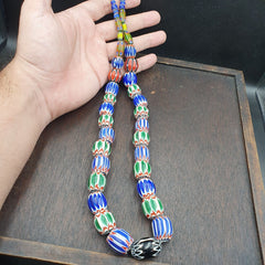 Very Unique Vintage Venetian Style Old Blue Chevron Glass Beads Long Strand