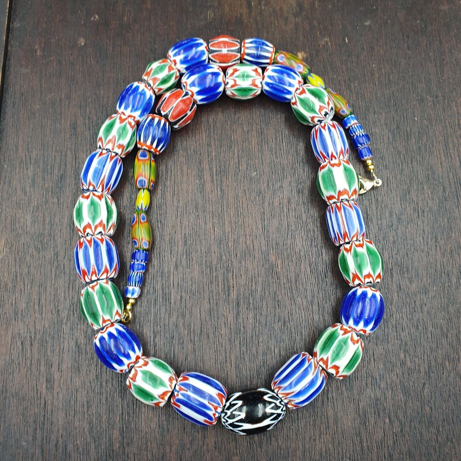 Very Unique Vintage Venetian Style Old Blue Chevron Glass Beads Long Strand