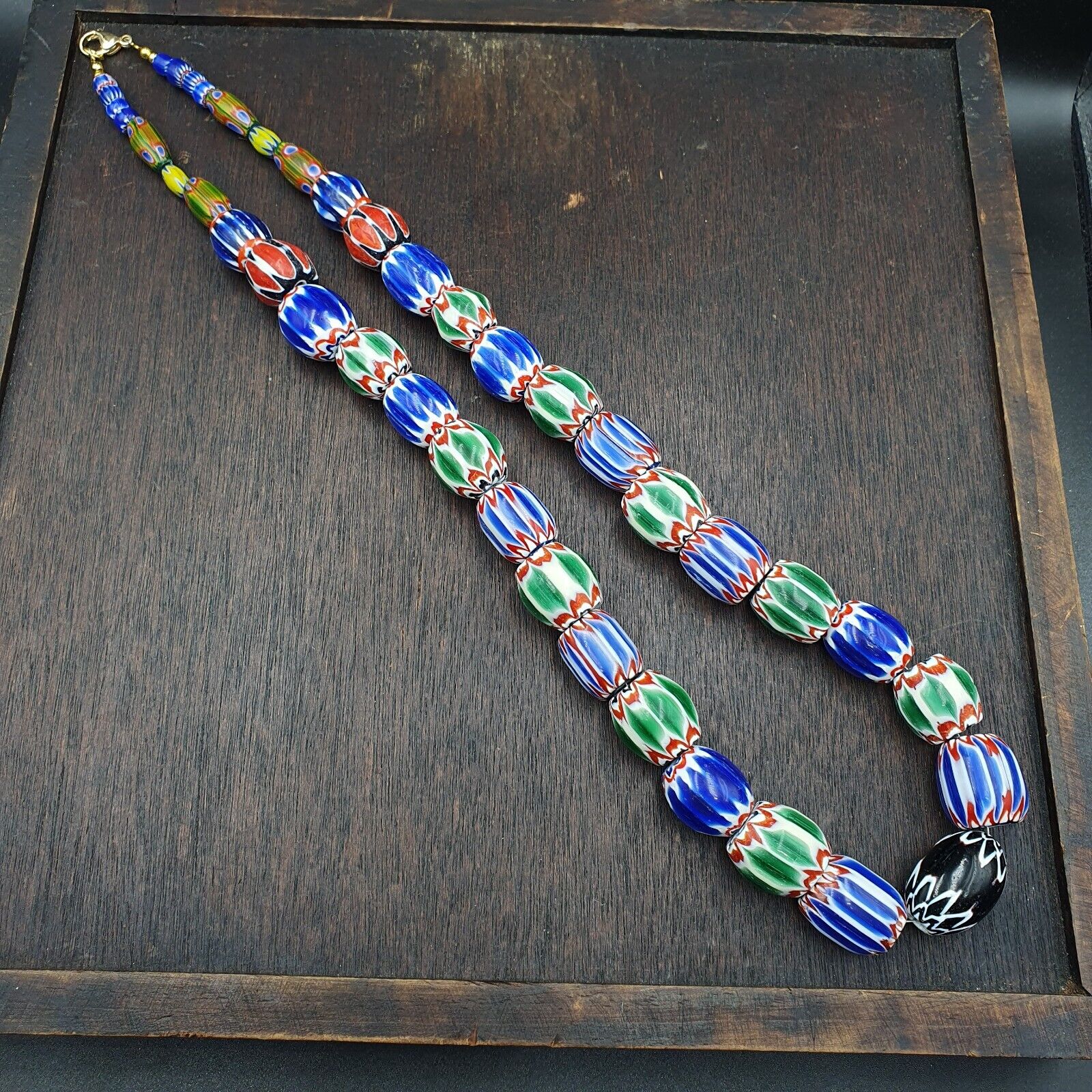 Very Unique Vintage Venetian Style Old Blue Chevron Glass Beads Long Strand