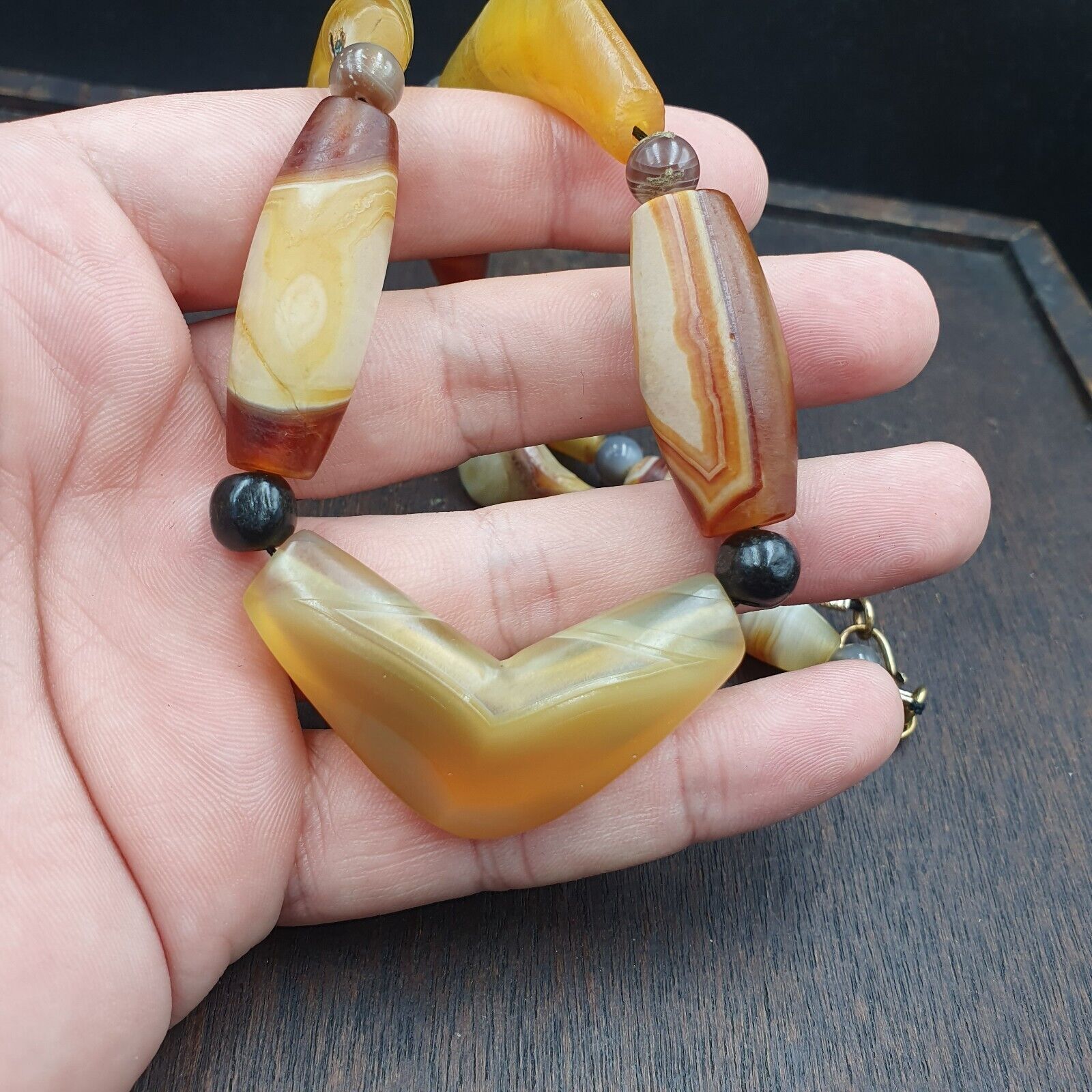 Antique Yemeni Old Crystal Agate Middle Eastern yellow Agate Beads necklace