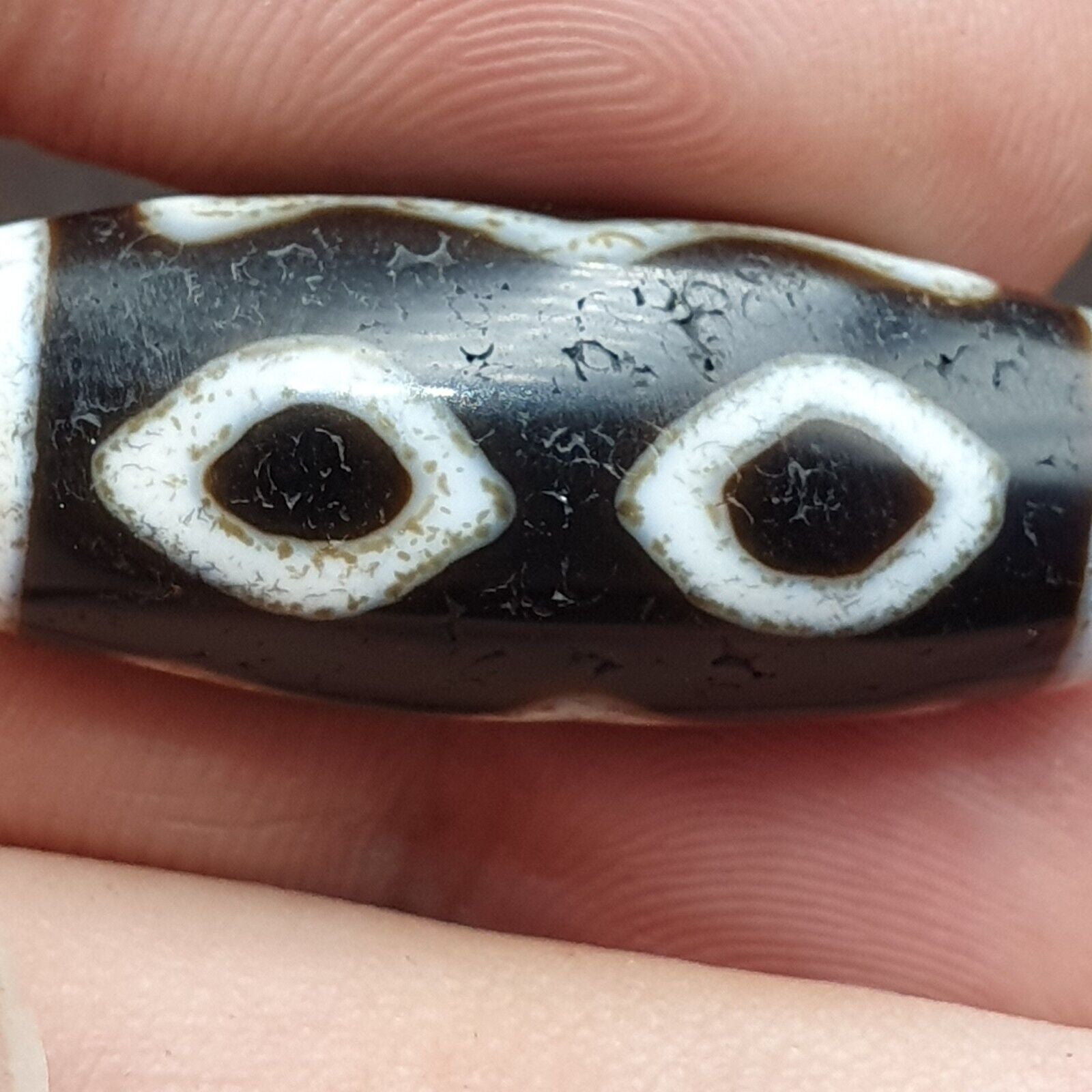 Old Indo Tibetan Agate 3 Diamond Eyes lines Agate stone Dzi Bead Amulet