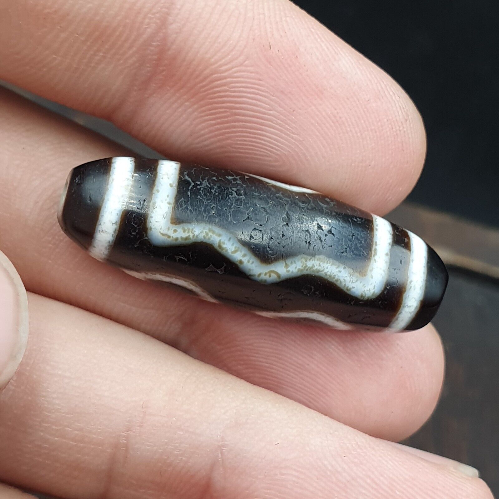 Old Indo Tibetan Agate 3 Diamond Eyes lines Agate stone Dzi Bead Amulet