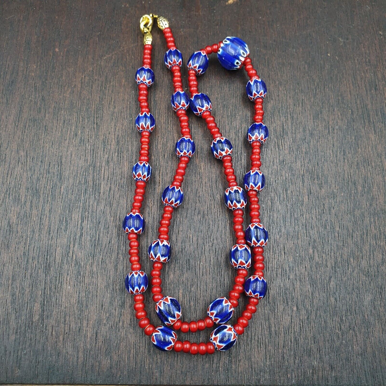 Vintage Chevrons & White Heart Venetian Multilayers Glass Beads Necklace N-315
