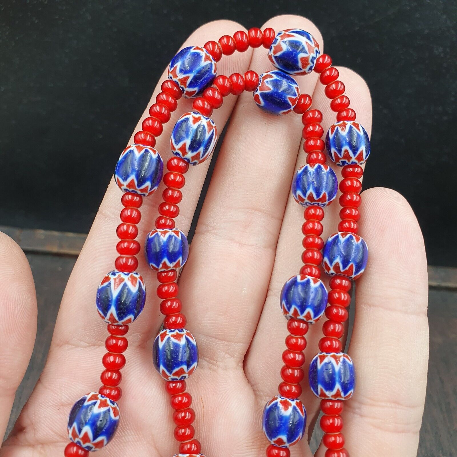 Vintage Chevrons & White Heart Venetian Multilayers Glass Beads Necklace N-315