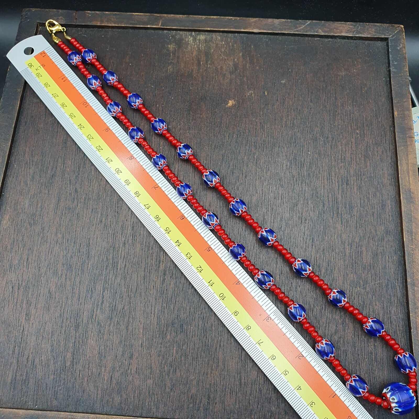 Vintage Chevrons & White Heart Venetian Multilayers Glass Beads Necklace N-315