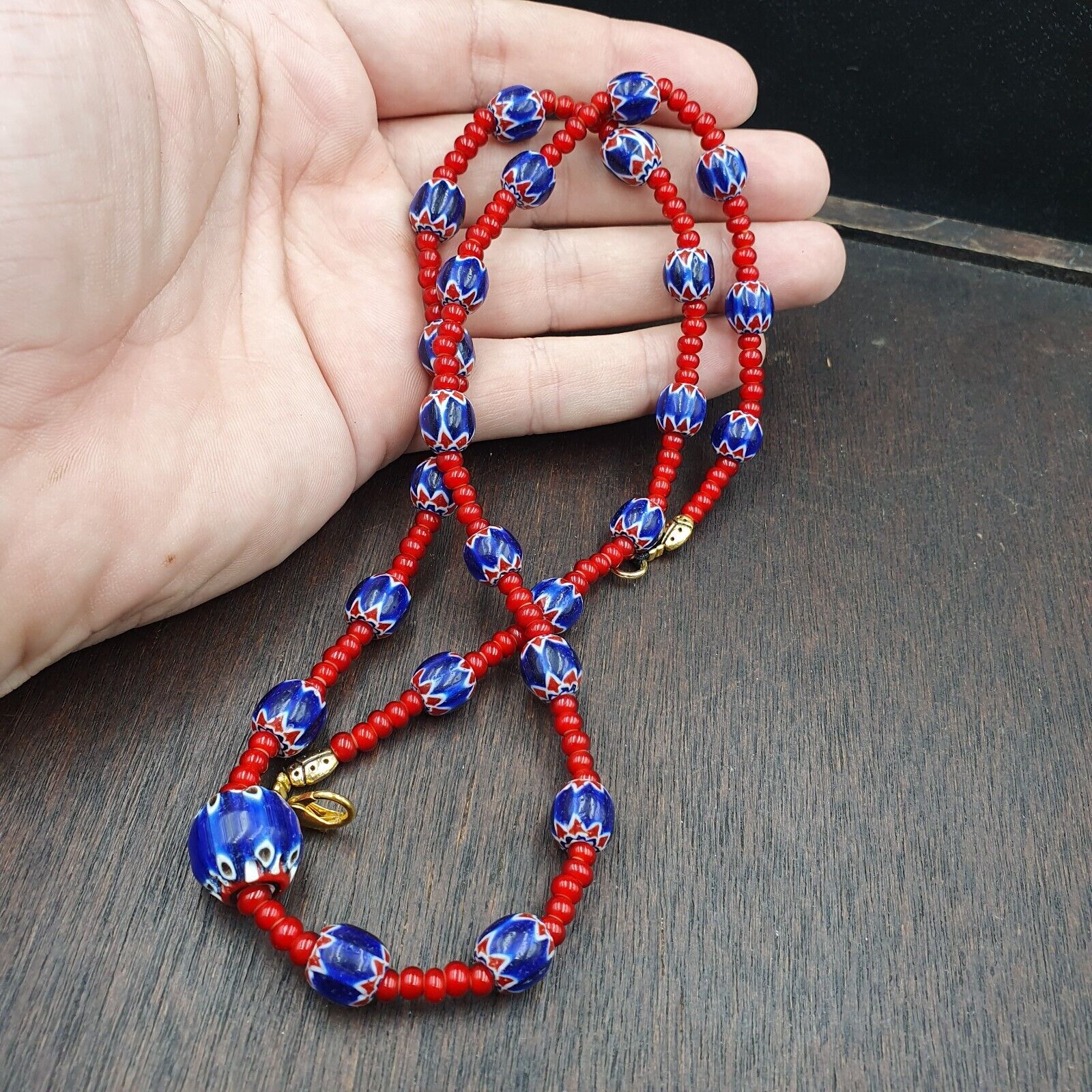 Vintage Chevrons & White Heart Venetian Multilayers Glass Beads Necklace N-315