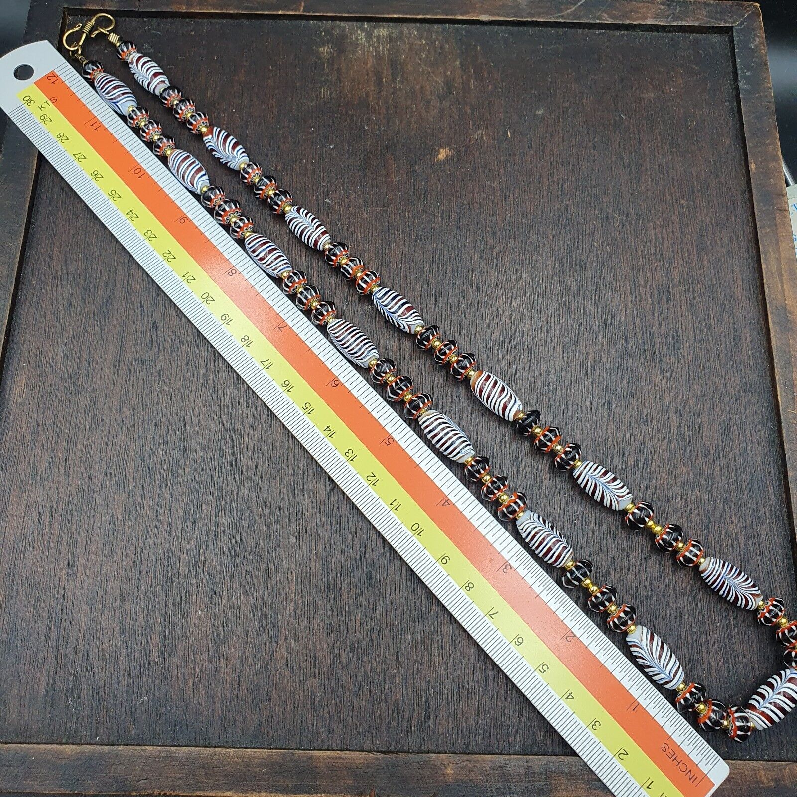 Vintage Venetian Style Black Chevron & Red Feather Beads 24" Necklace F-4