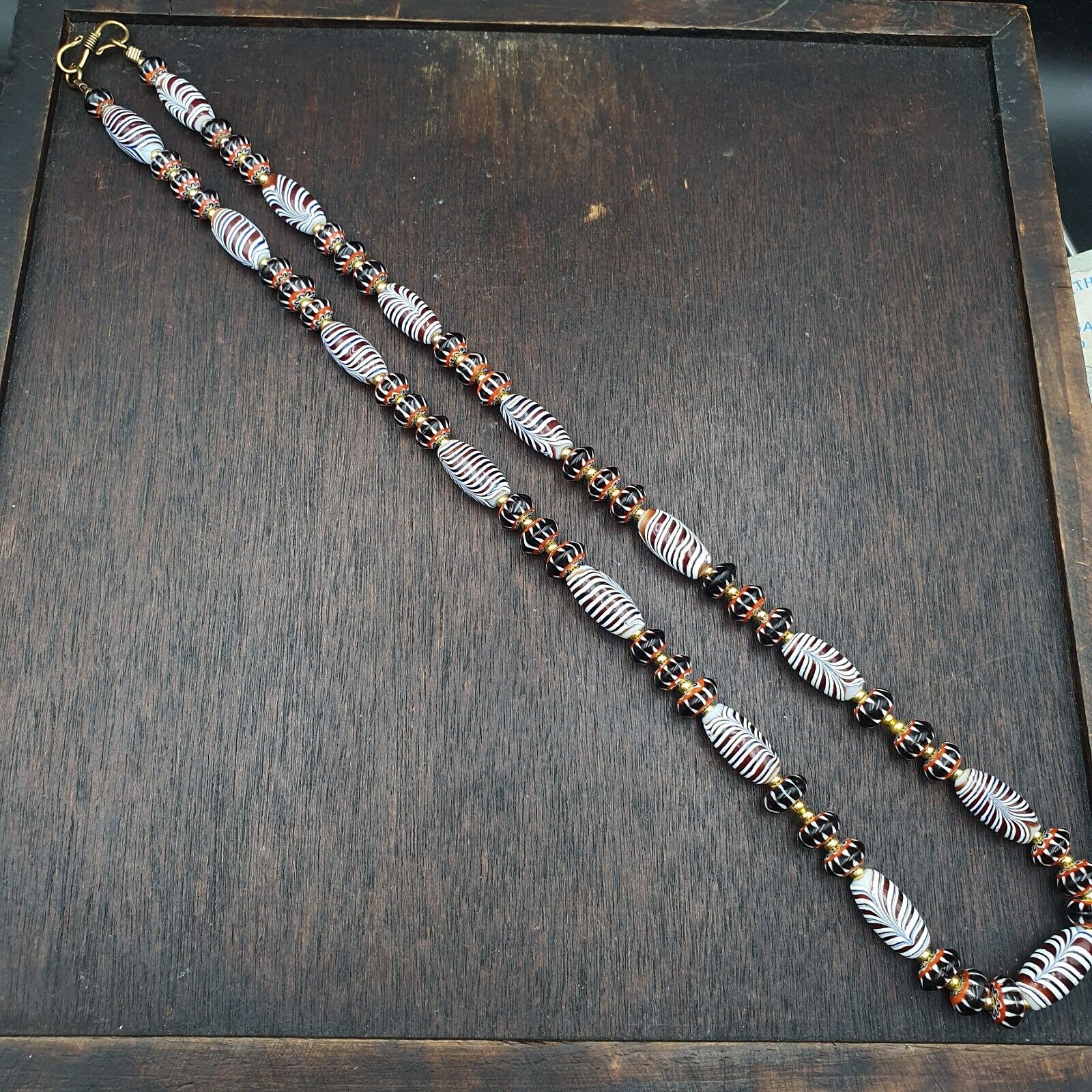 Vintage Venetian Style Black Chevron & Red Feather Beads 24" Necklace F-4