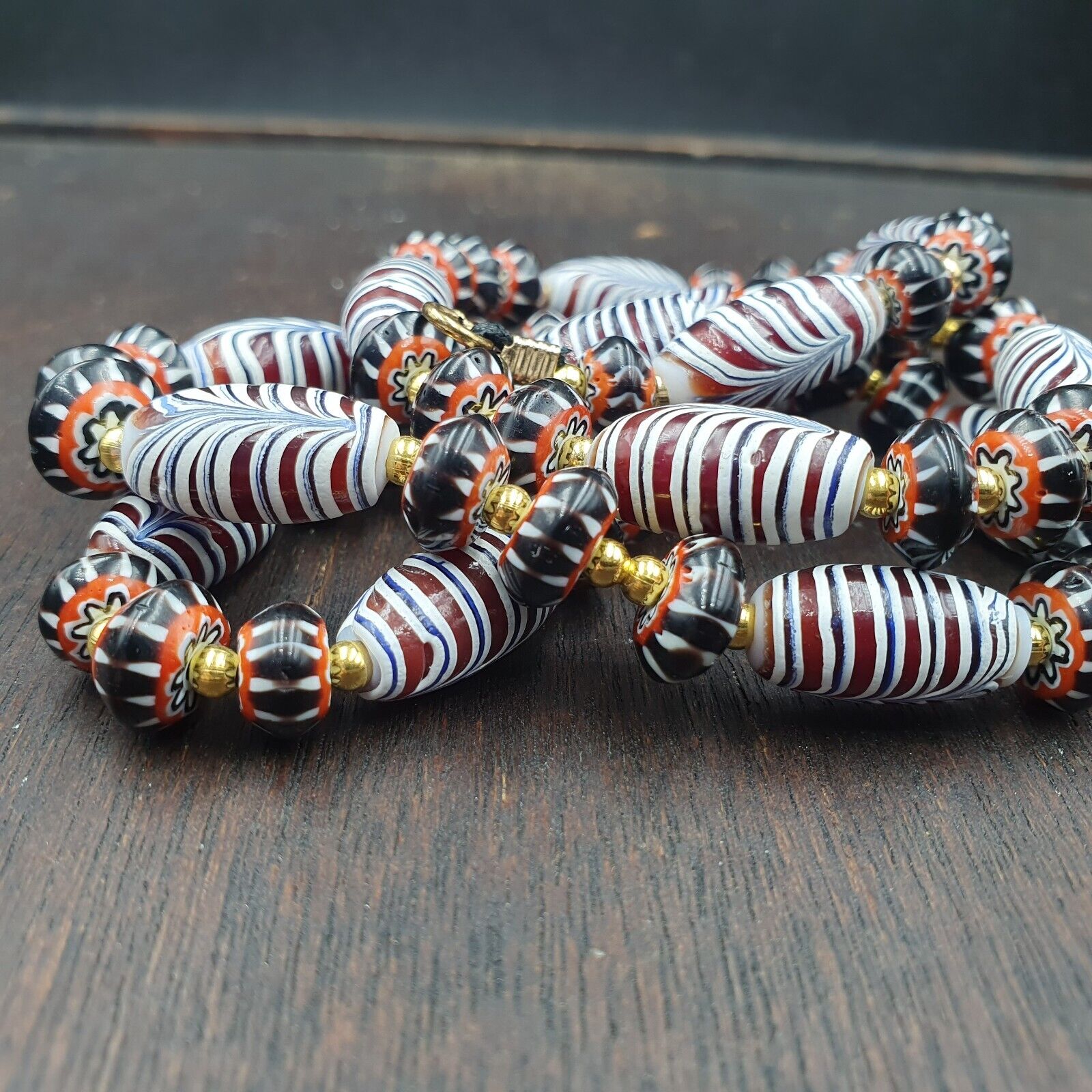 Vintage Venetian Style Black Chevron & Red Feather Beads 24" Necklace F-4