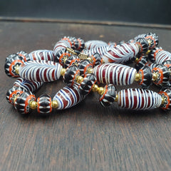 Vintage Venetian Style Black Chevron & Red Feather Beads 24" Necklace F-4