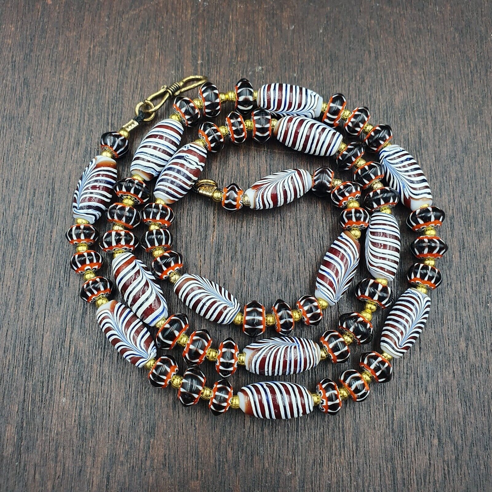 Vintage Venetian Style Black Chevron & Red Feather Beads 24" Necklace F-4