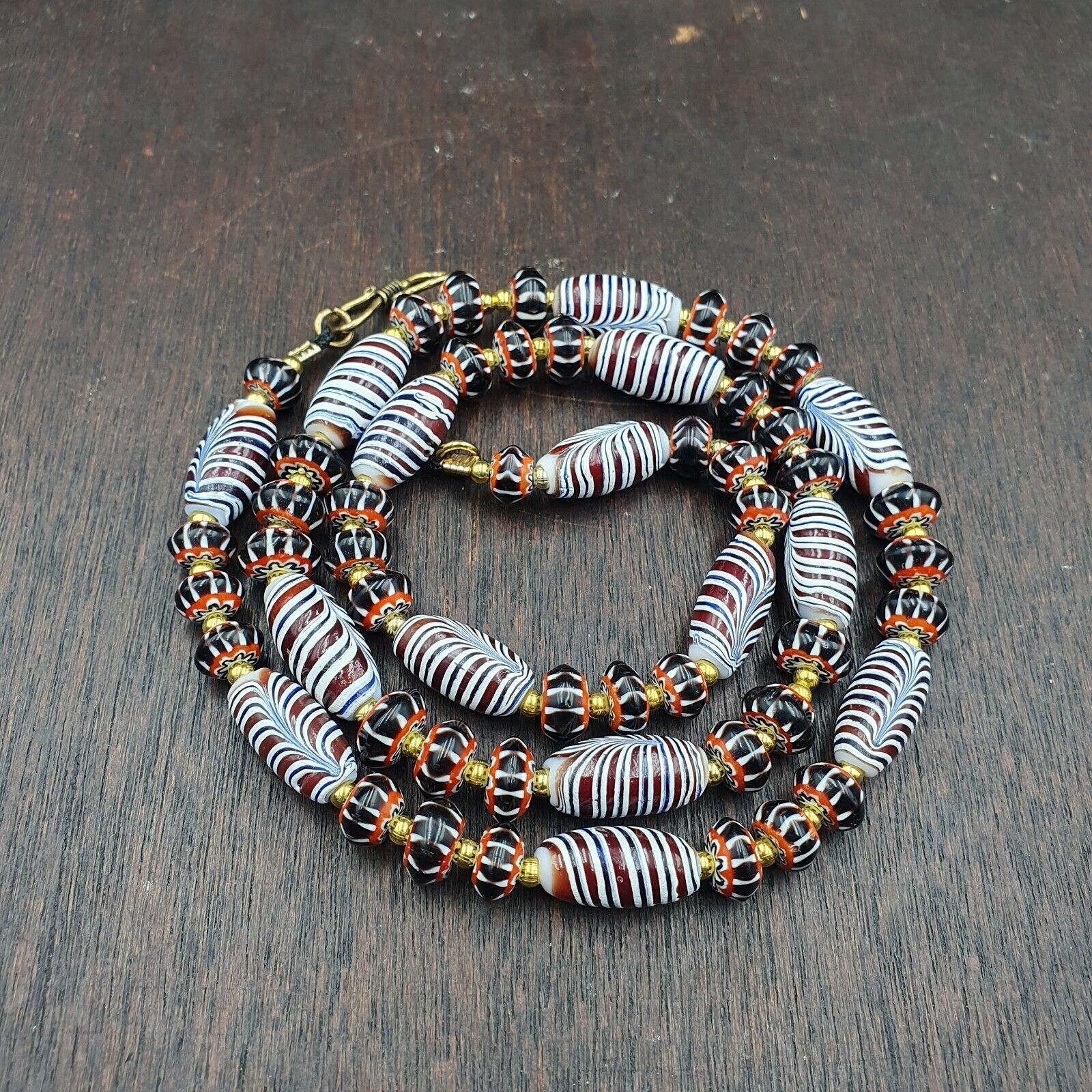 Vintage Venetian Style Black Chevron & Red Feather Beads 24" Necklace F-4