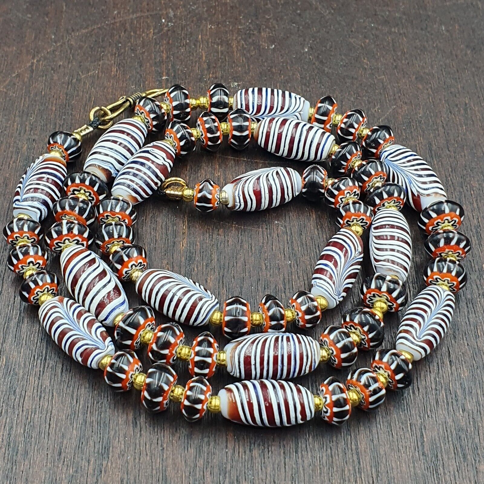 Vintage Venetian Style Black Chevron & Red Feather Beads 24" Necklace F-4