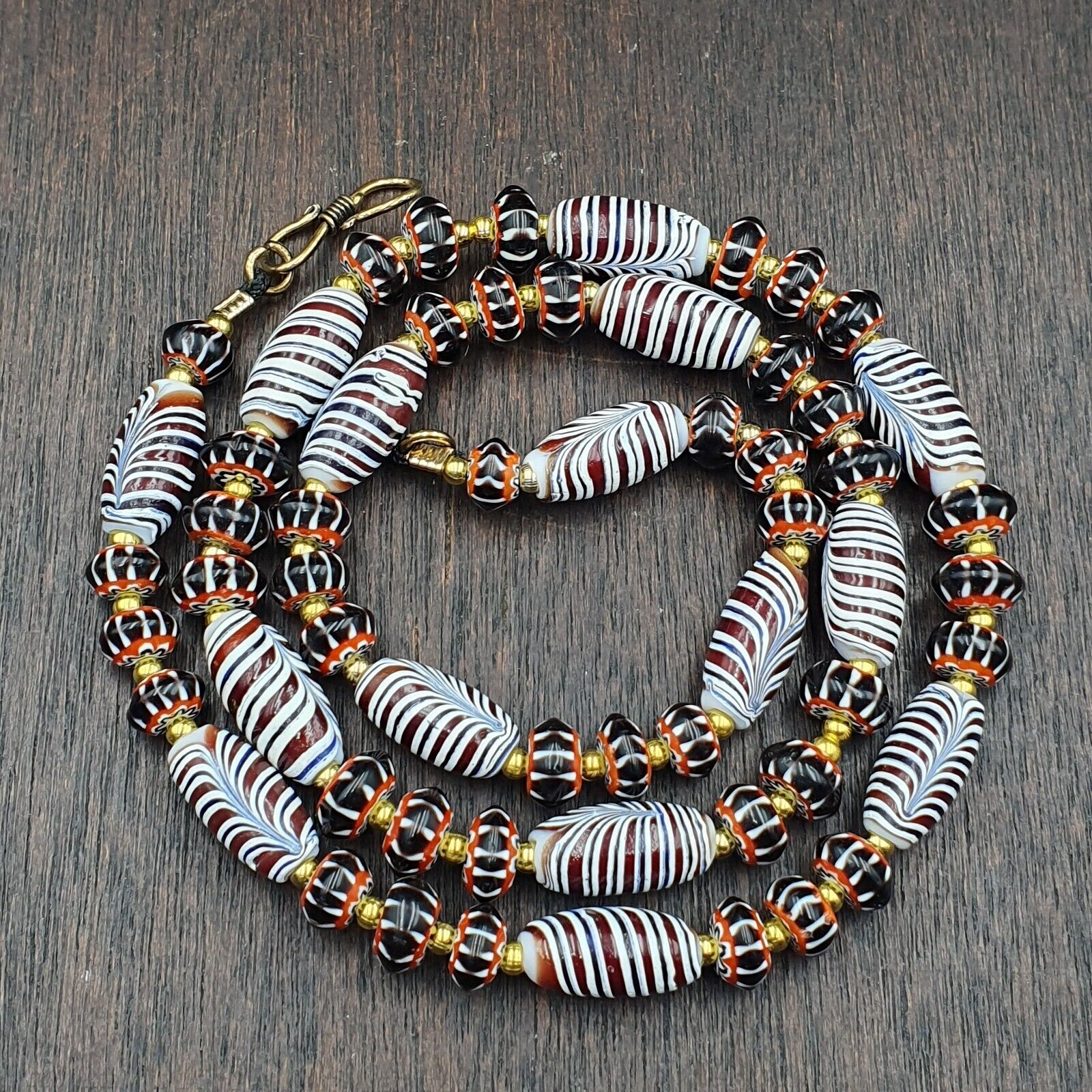 Vintage Venetian Style Black Chevron & Red Feather Beads 24" Necklace F-4
