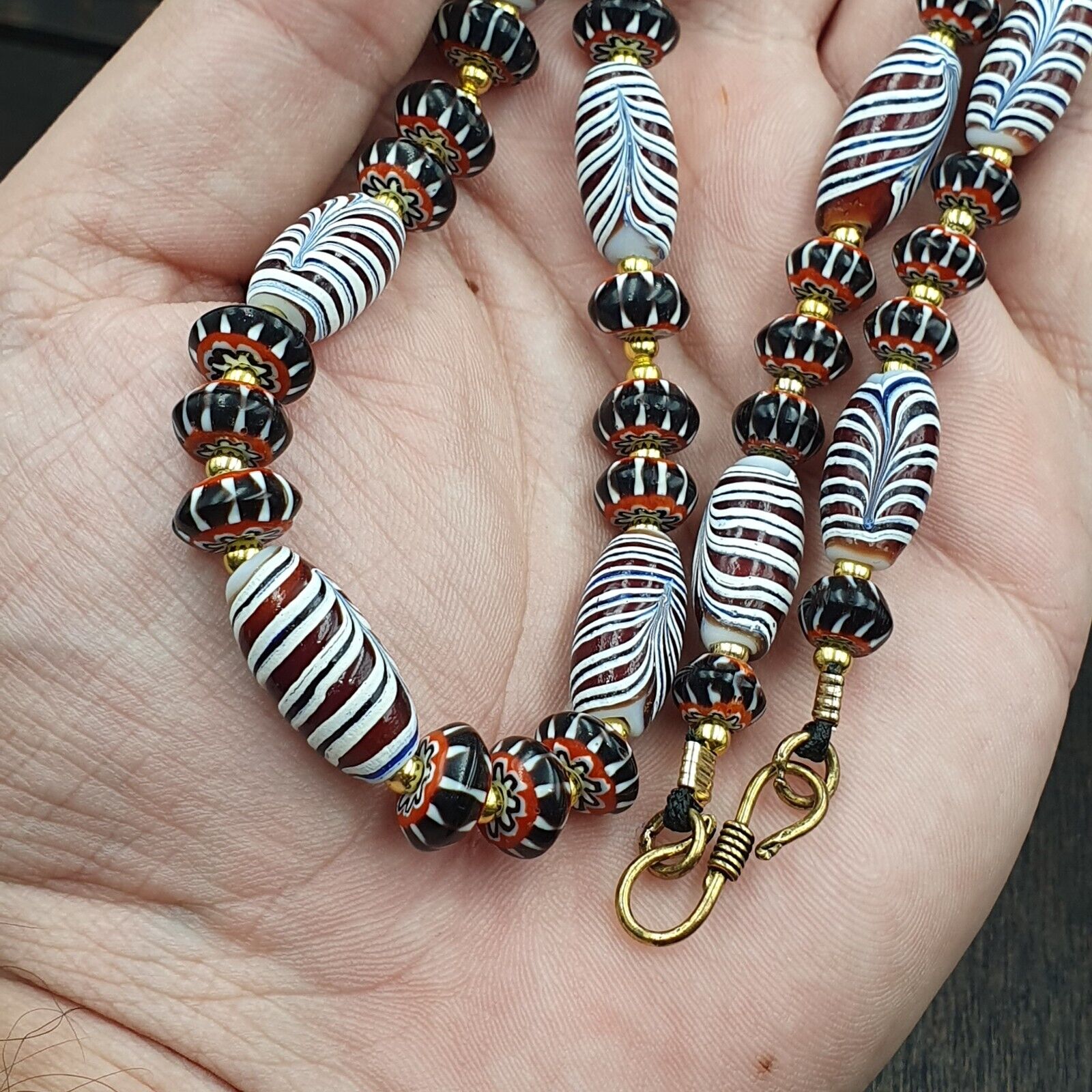 Vintage Venetian Style Black Chevron & Red Feather Beads 24" Necklace F-4