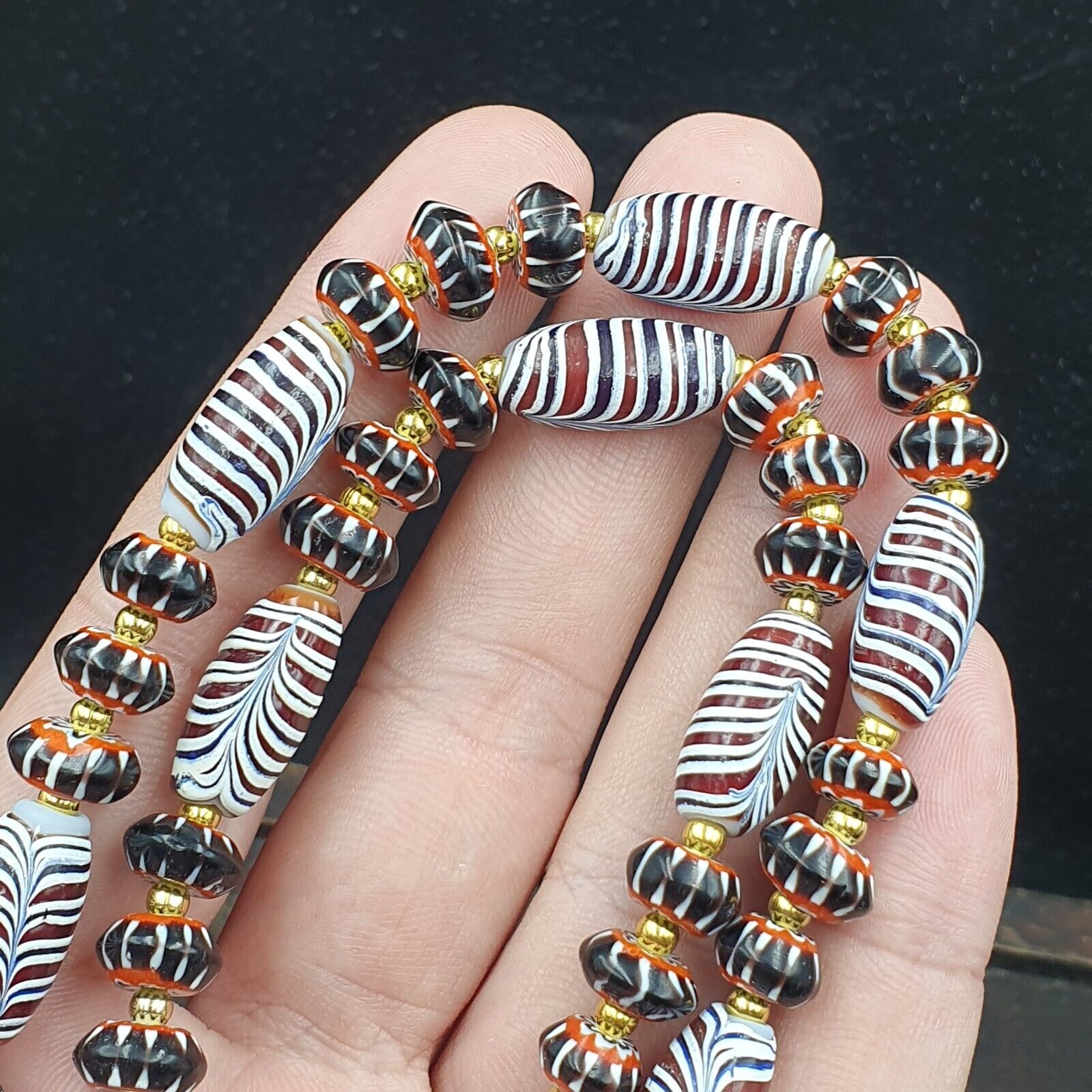 Vintage Venetian Style Black Chevron & Red Feather Beads 24" Necklace F-4