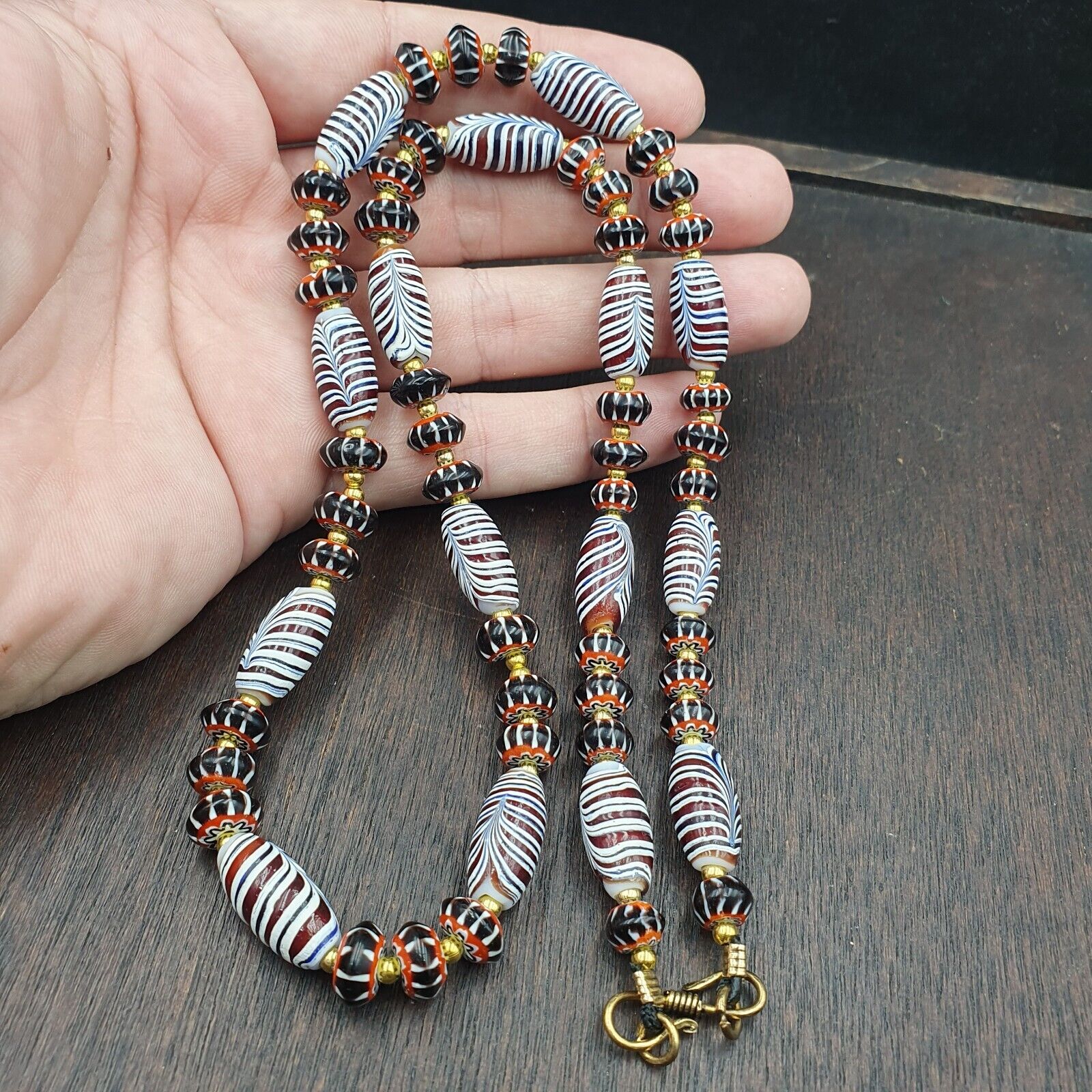 Vintage Venetian Style Black Chevron & Red Feather Beads 24" Necklace F-4