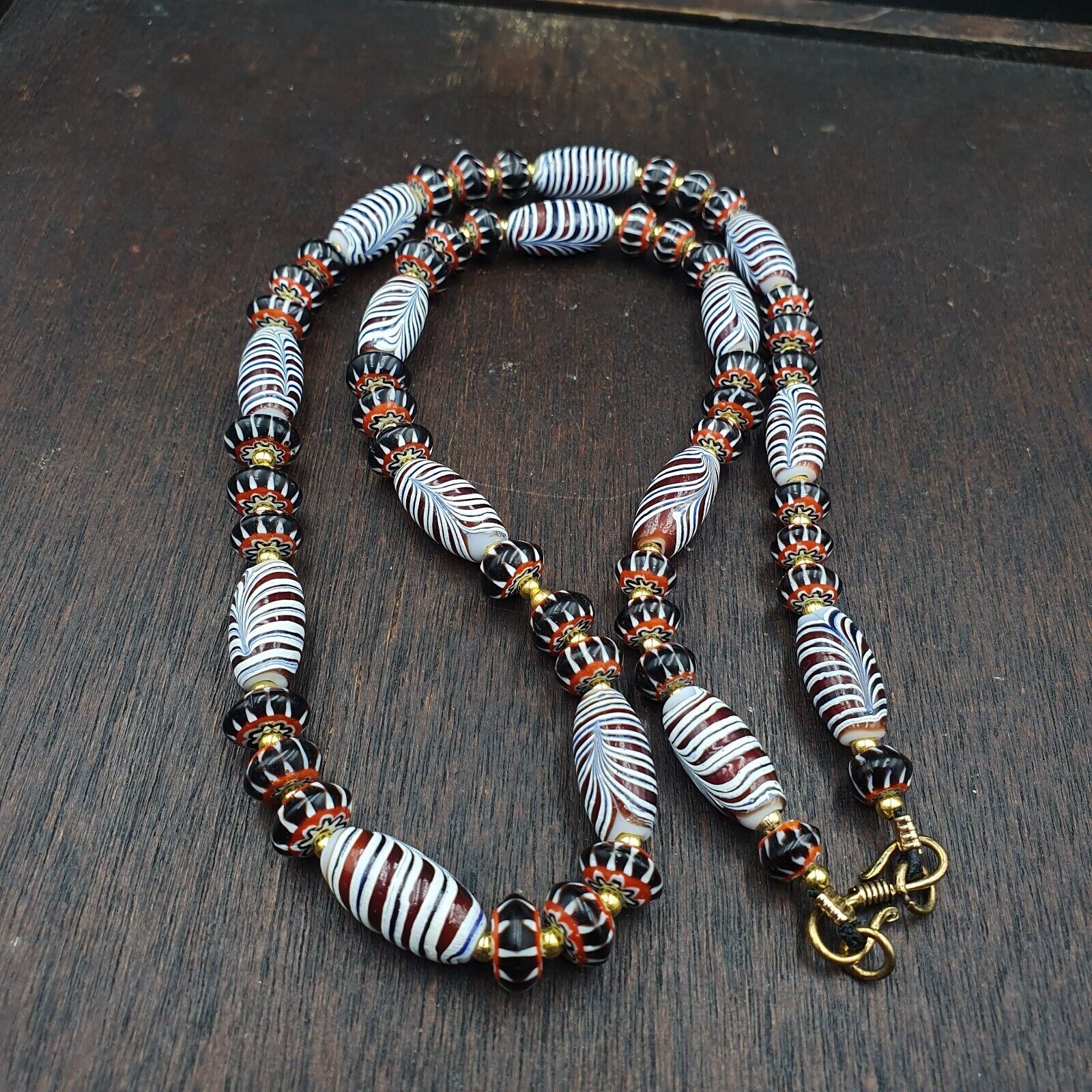 Vintage Venetian Style Black Chevron & Red Feather Beads 24" Necklace F-4