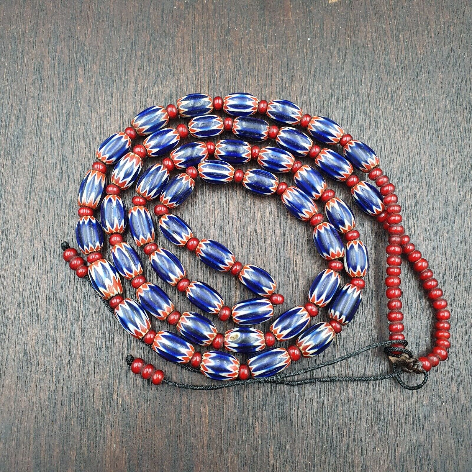 Antique Venetian White Heart And Blue Chevron Trade Beads Extra Long Necklace