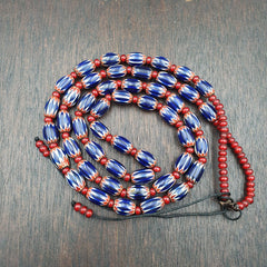 Antique Venetian White Heart And Blue Chevron Trade Beads Extra Long Necklace