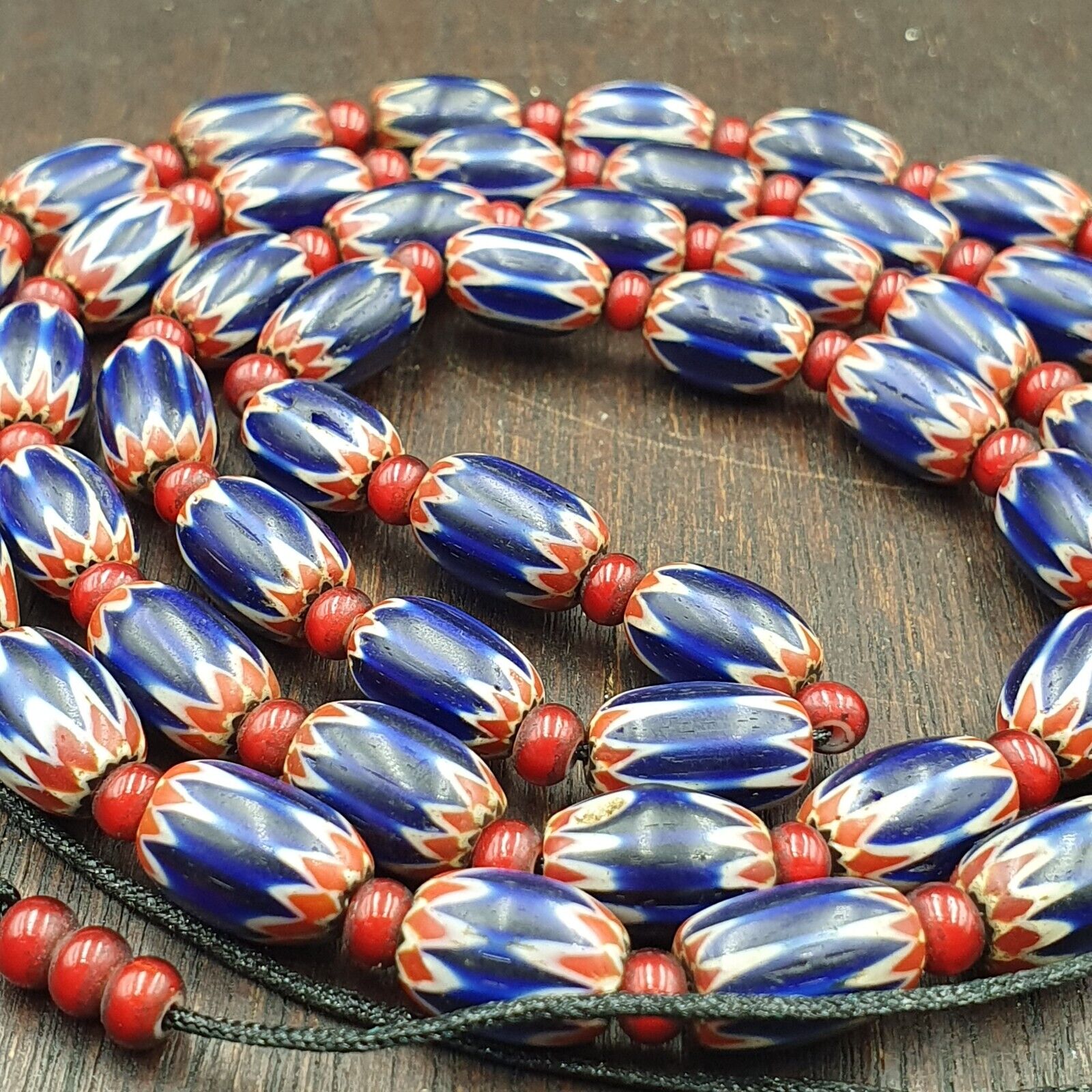 Antique Venetian White Heart And Blue Chevron Trade Beads Extra Long Necklace