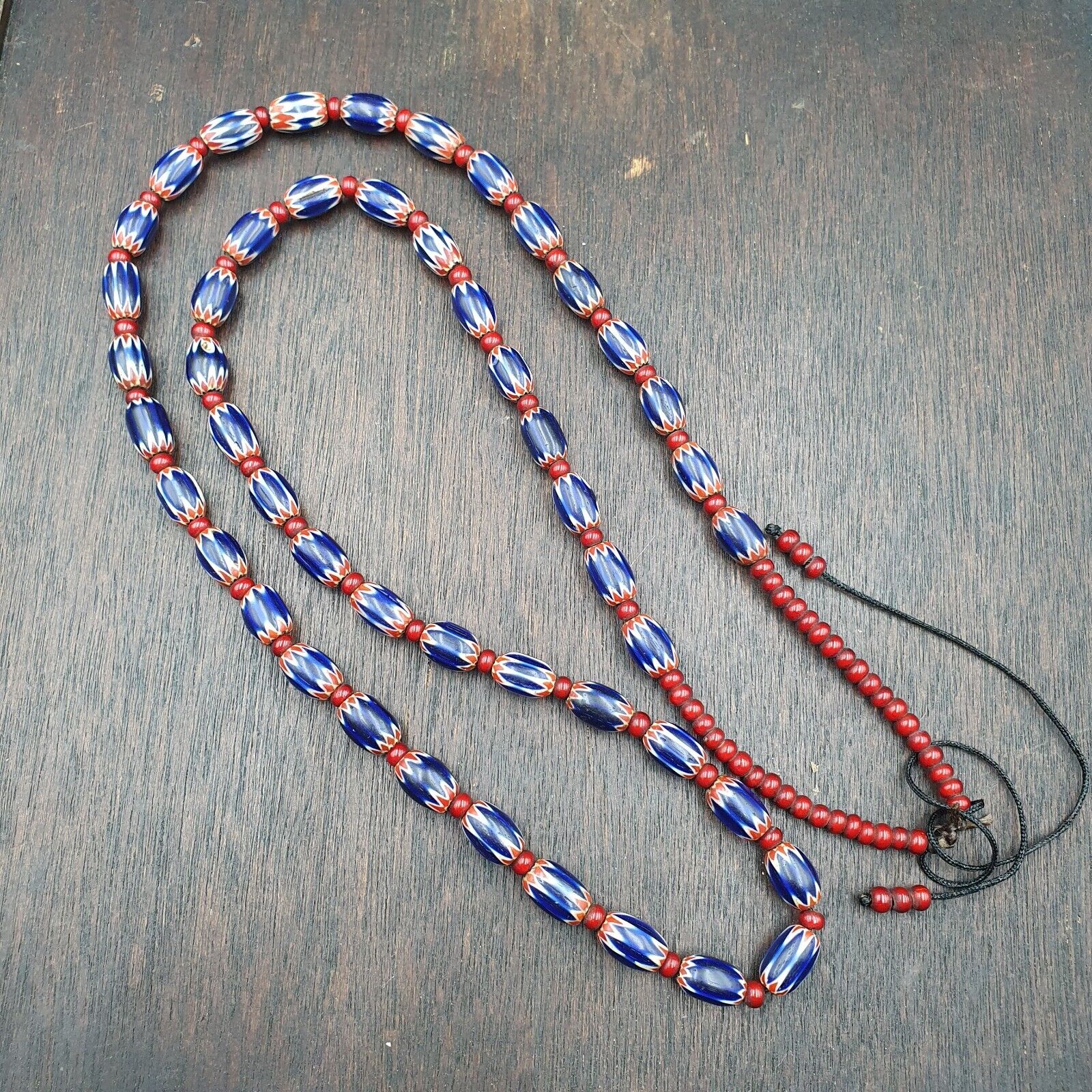 Antique Venetian White Heart And Blue Chevron Trade Beads Extra Long Necklace
