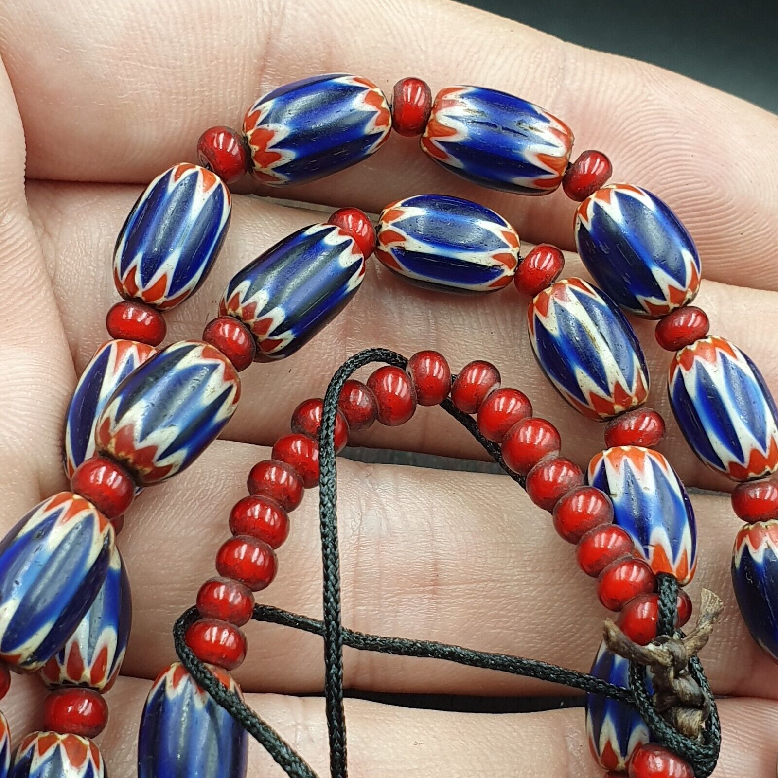 Antique Venetian White Heart And Blue Chevron Trade Beads Extra Long Necklace