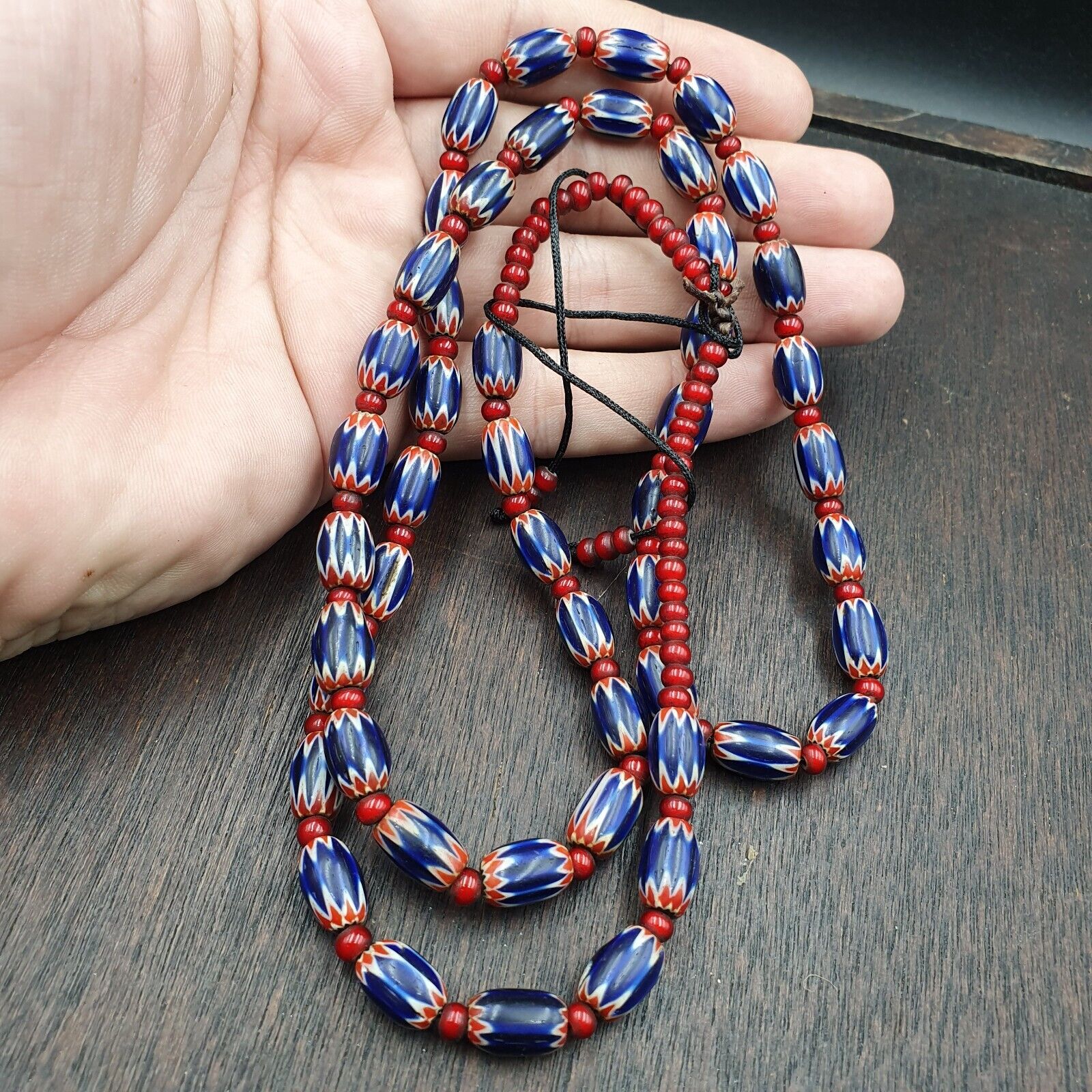 Antique Venetian White Heart And Blue Chevron Trade Beads Extra Long Necklace
