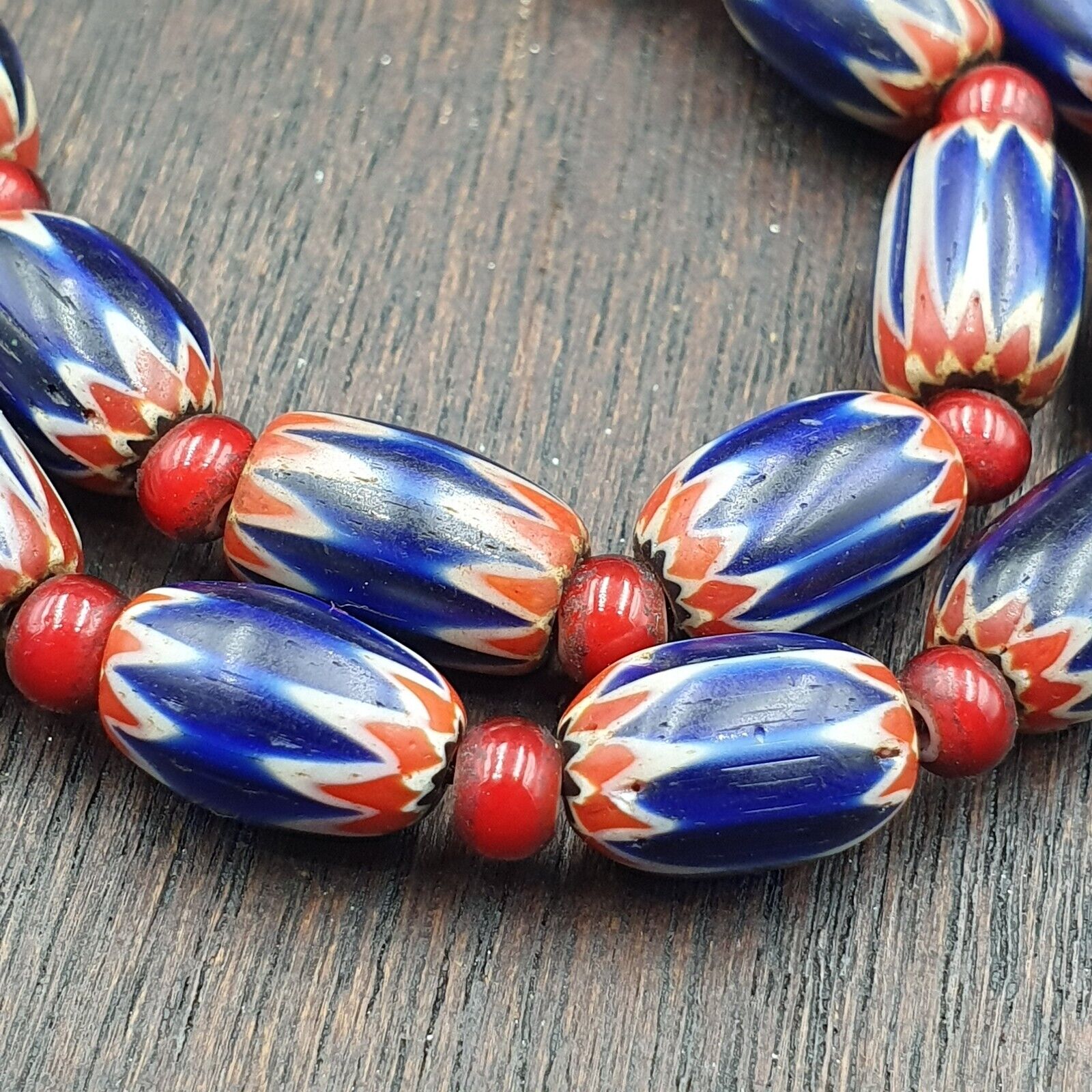 Antique Venetian White Heart And Blue Chevron Trade Beads Extra Long Necklace