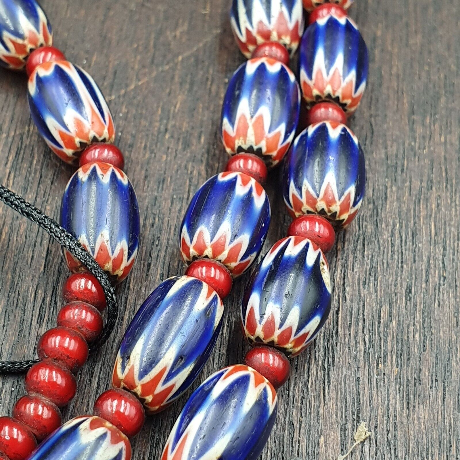 Antique Venetian White Heart And Blue Chevron Trade Beads Extra Long Necklace