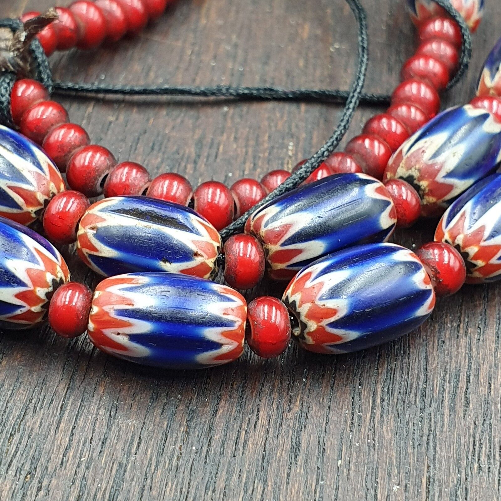 Antique Venetian White Heart And Blue Chevron Trade Beads Extra Long Necklace