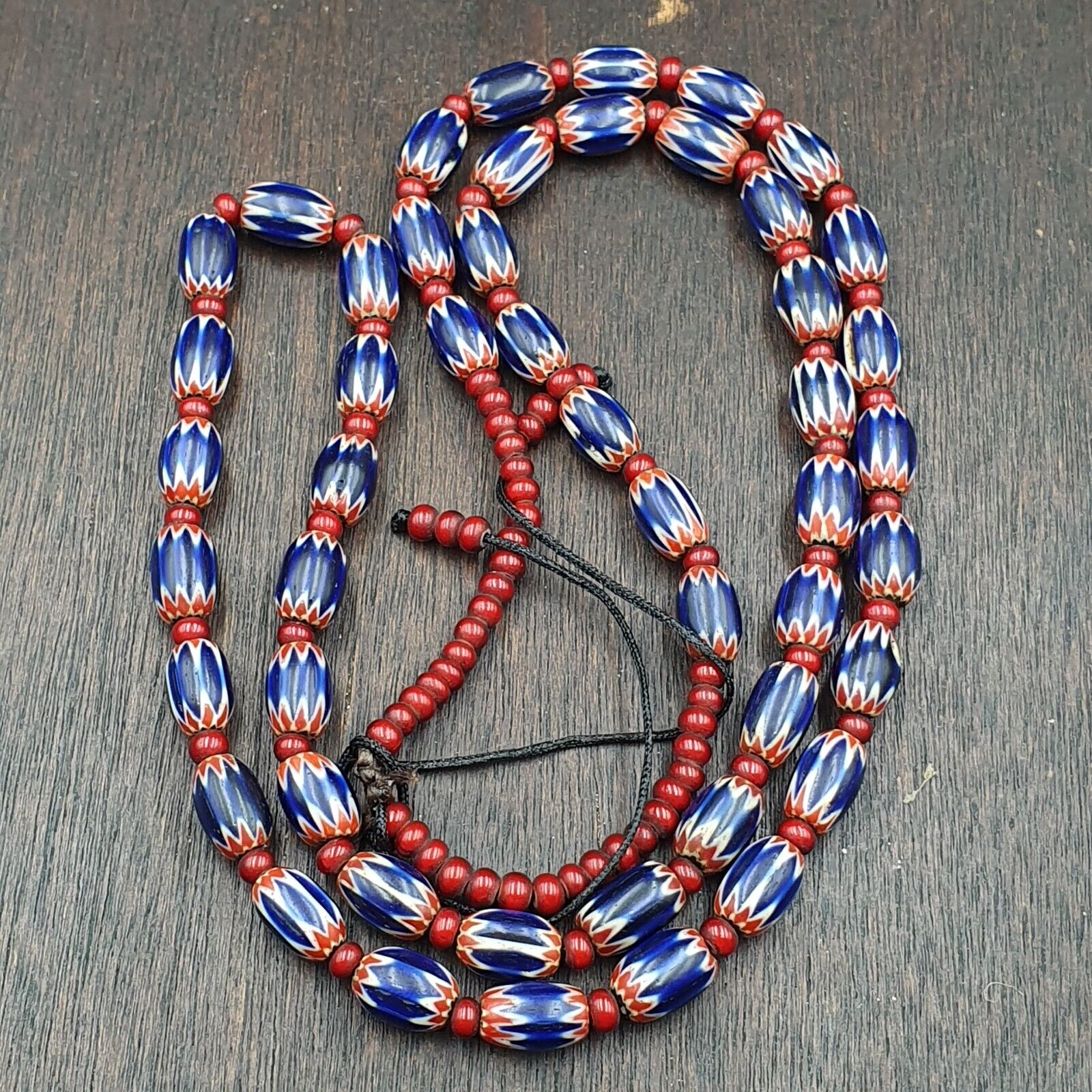 Antique Venetian White Heart And Blue Chevron Trade Beads Extra Long Necklace