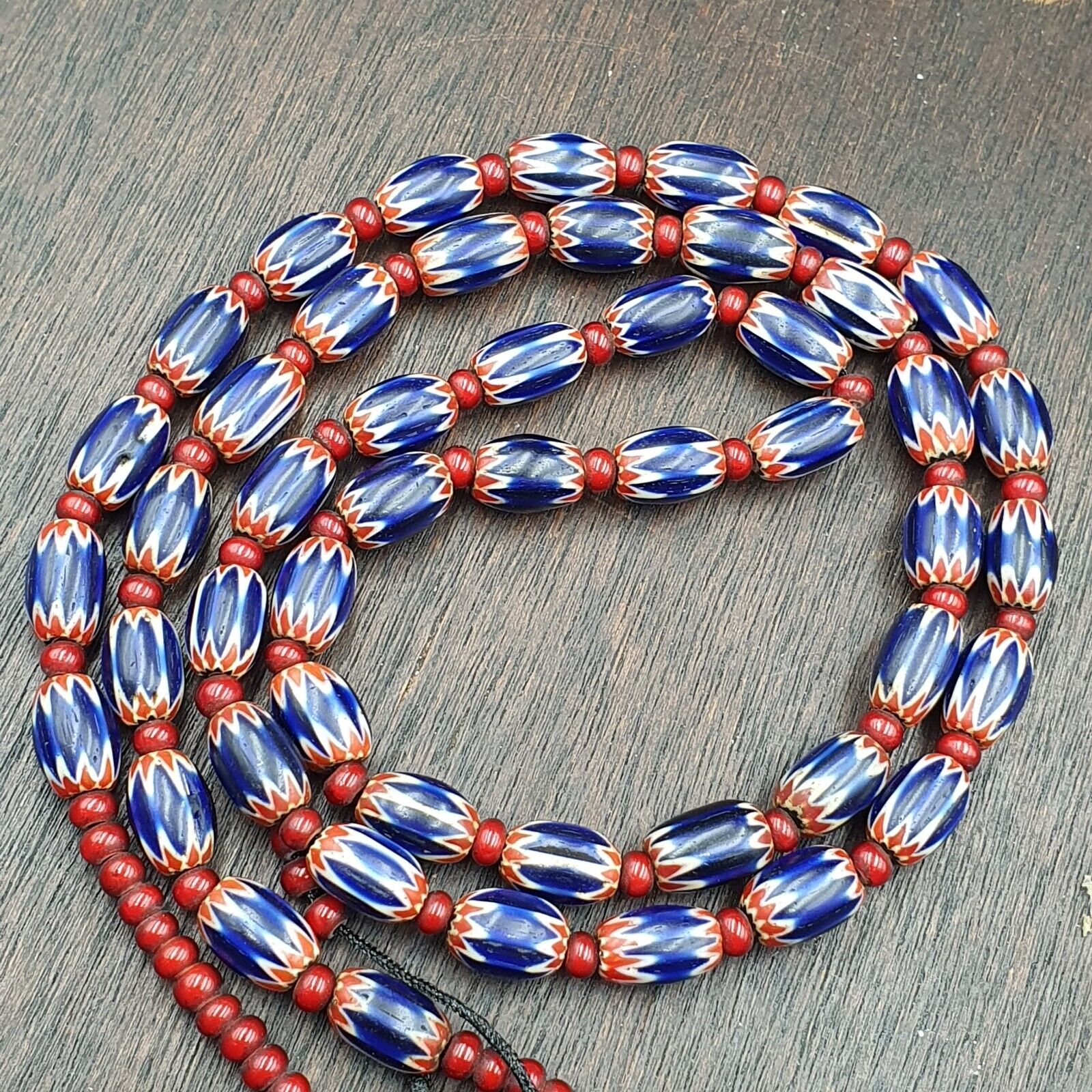 Antique Venetian White Heart And Blue Chevron Trade Beads Extra Long Necklace