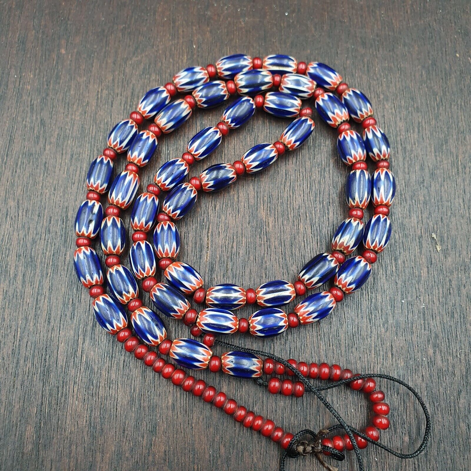 Antique Venetian White Heart And Blue Chevron Trade Beads Extra Long Necklace