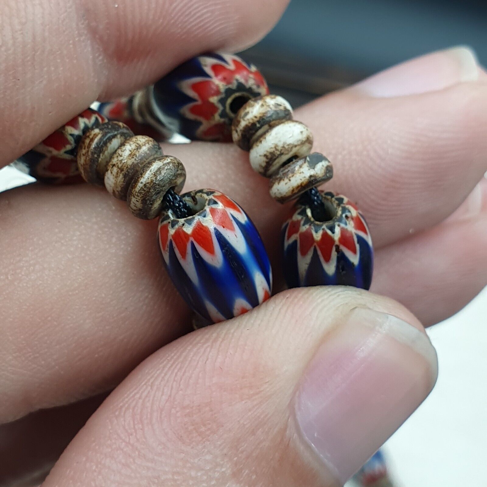 Antique Venetian Chevron and And yalk bone Trade Beads Necklace