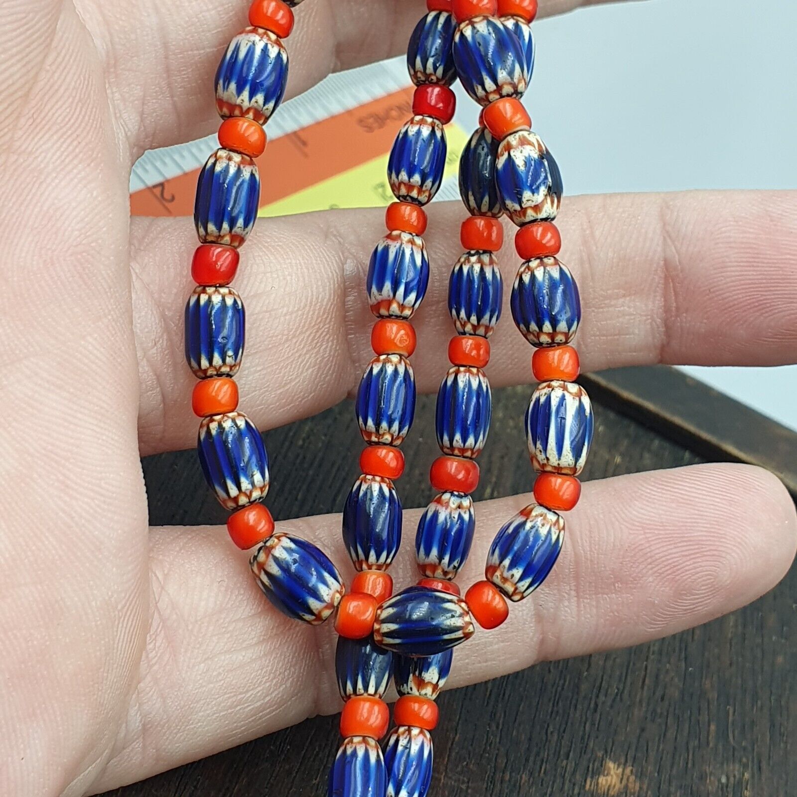 Beads of Antiquity Vintage Venetian White Heart and Blue Chevron Beads Necklace