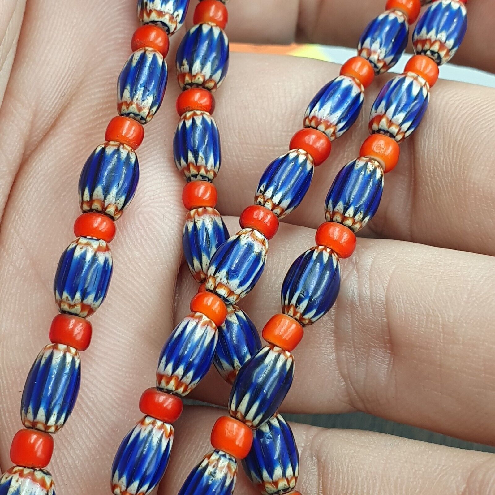 Beads of Antiquity Vintage Venetian White Heart and Blue Chevron Beads Necklace