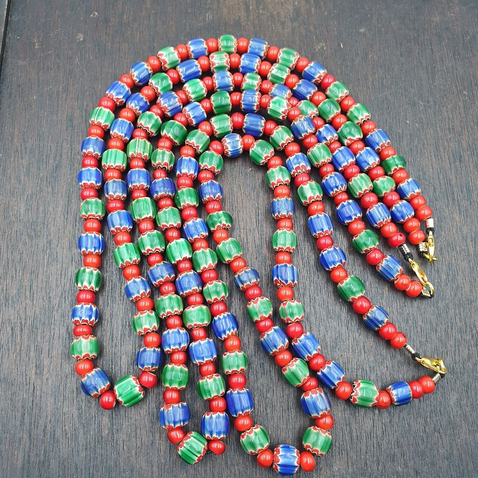 Whispers of History Vintage Venetian Style Blue and Green Chevron Beads Necklace