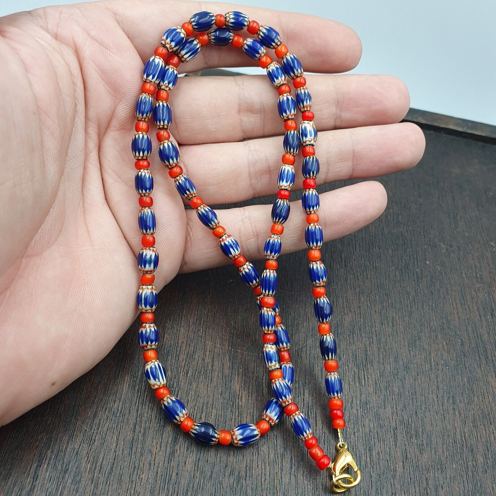 Beads of Antiquity Vintage Venetian White Heart and Blue Chevron Beads Necklace